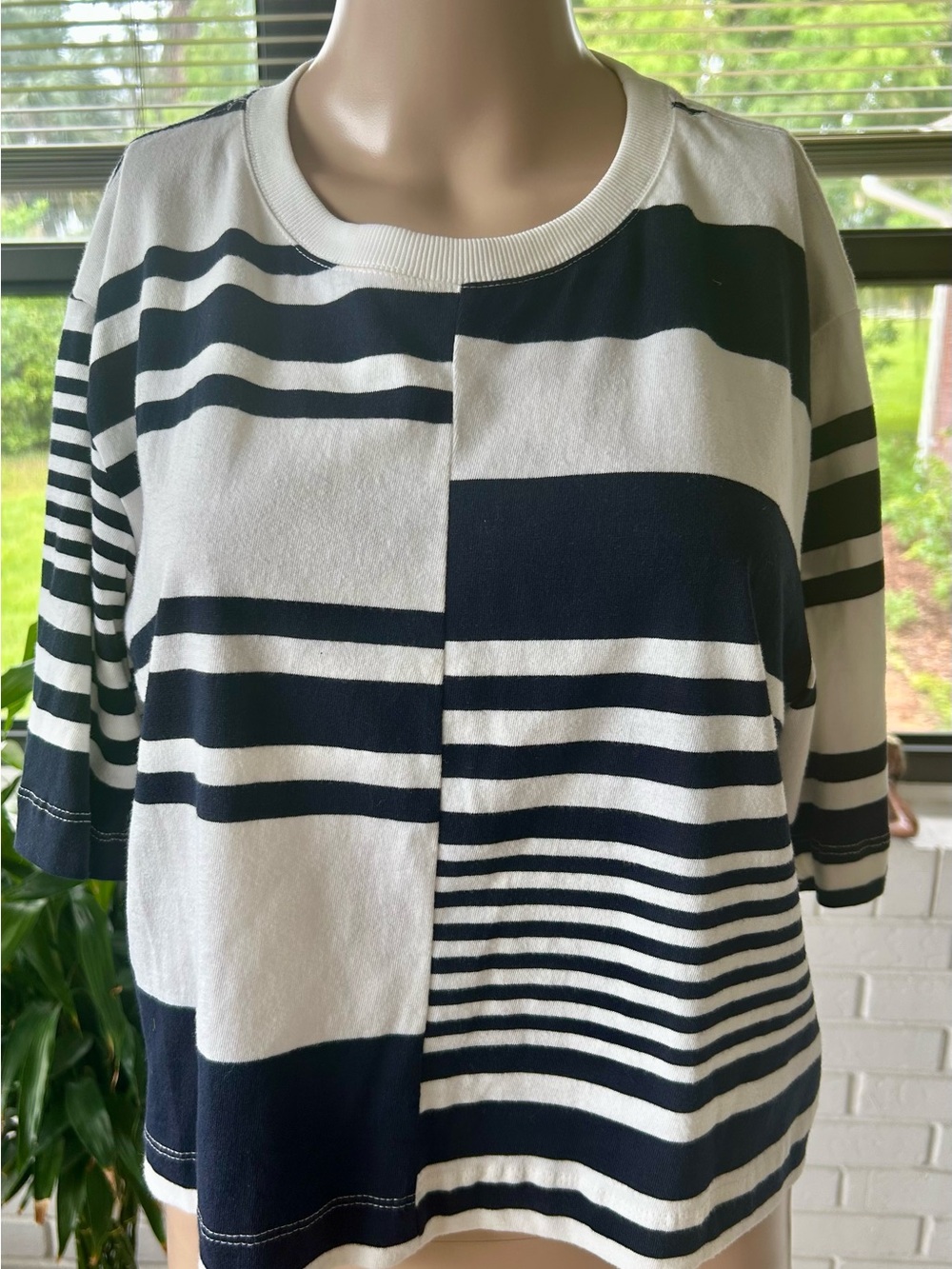 Maeve Navy and White Patchwork Stripe Top
